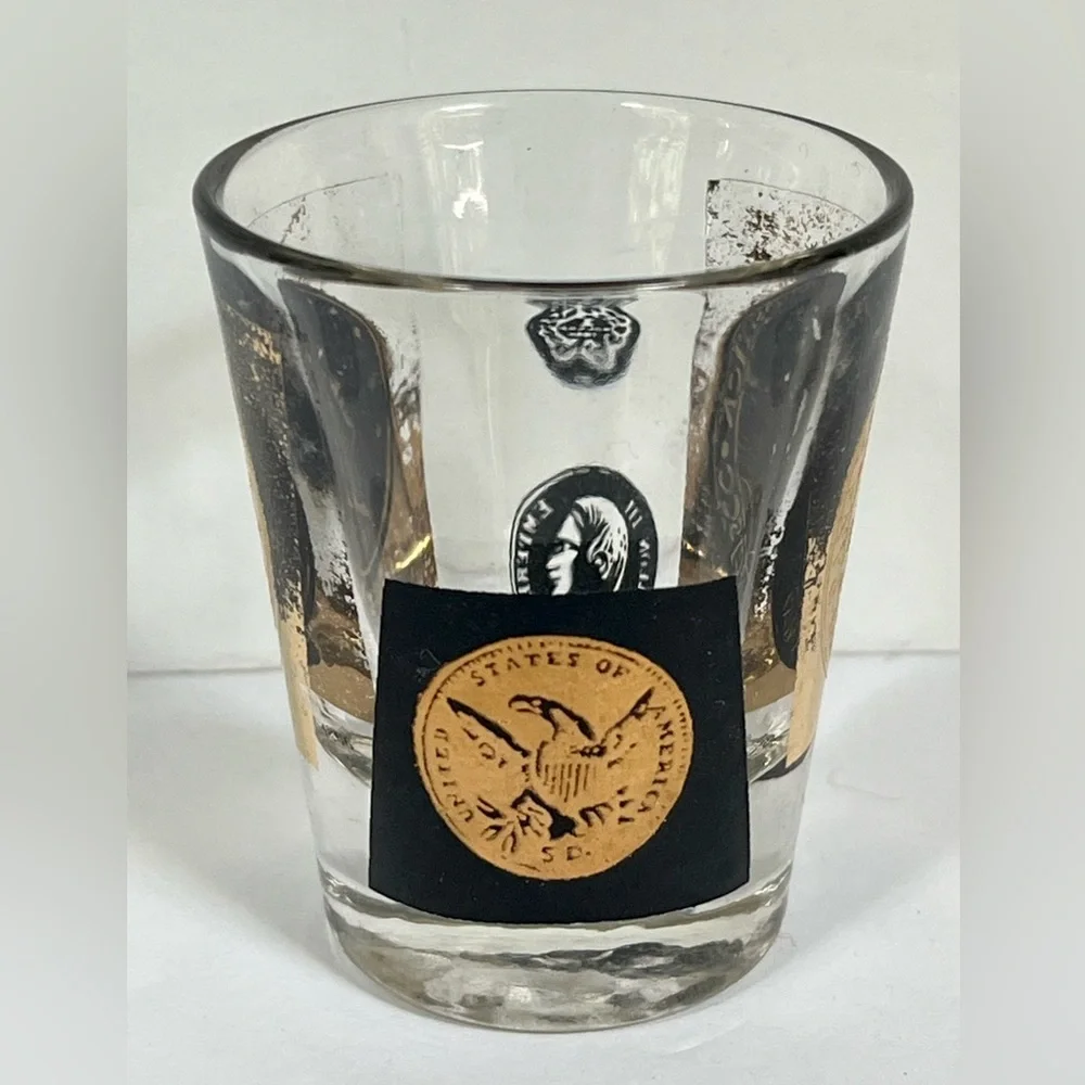 8 VTG Shot Glasses MCM Cera Glass Coins Gold Black Barware Mid-century Modern